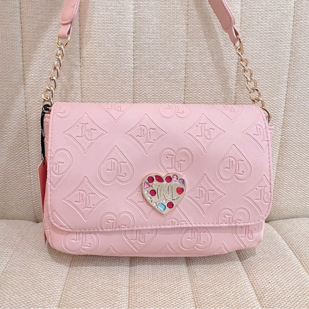 NEW Juicy Couture Pink Embossed Monogram Shoulder‎ Bag Rhinestone Heart